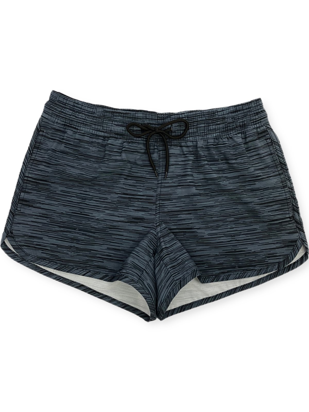 Full front view of women's dark heather grey athletic shorts with drawstring and curved hem