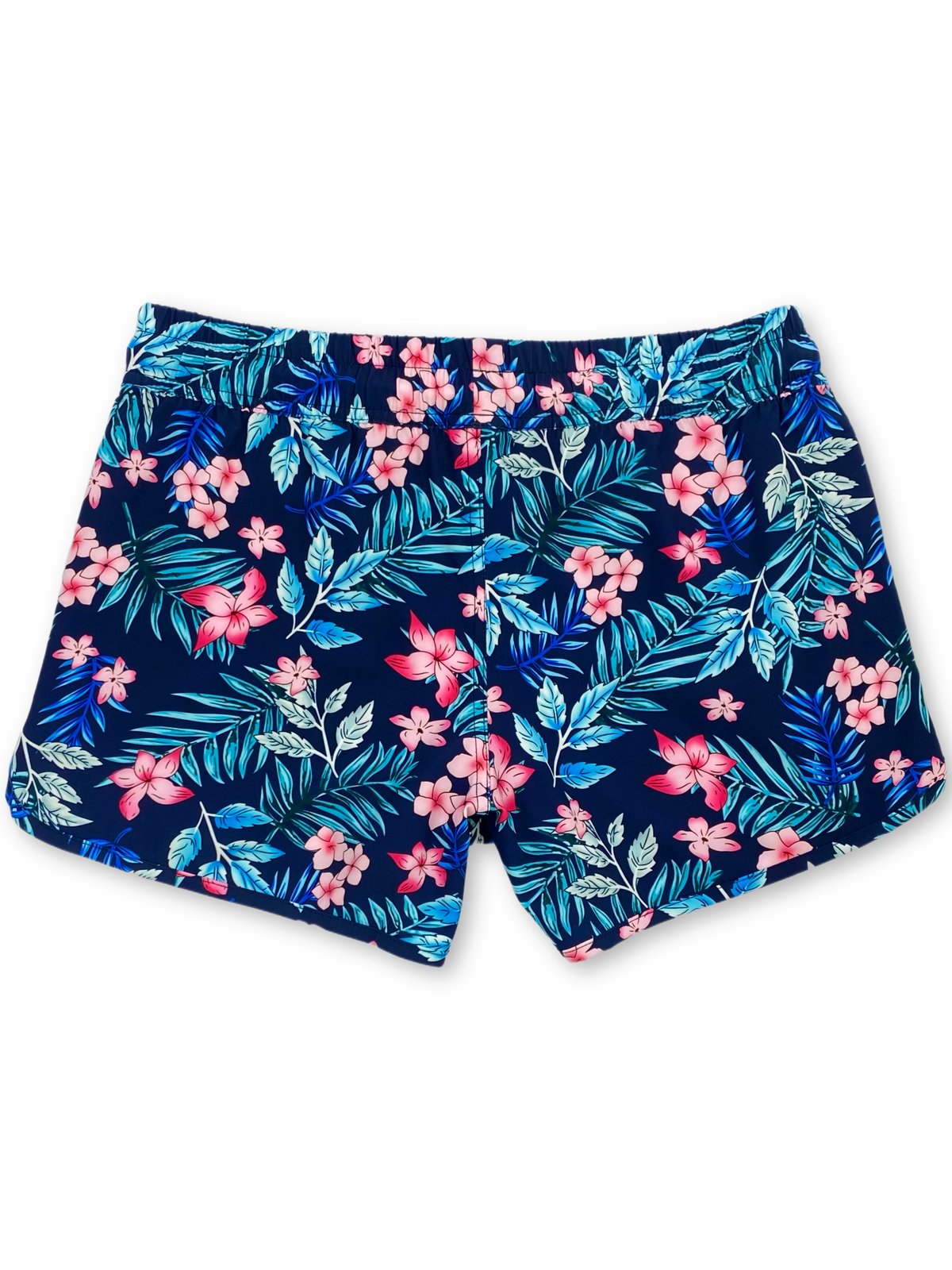 Full front view of women's navy blue swim shorts with pink floral and teal palm leaf print