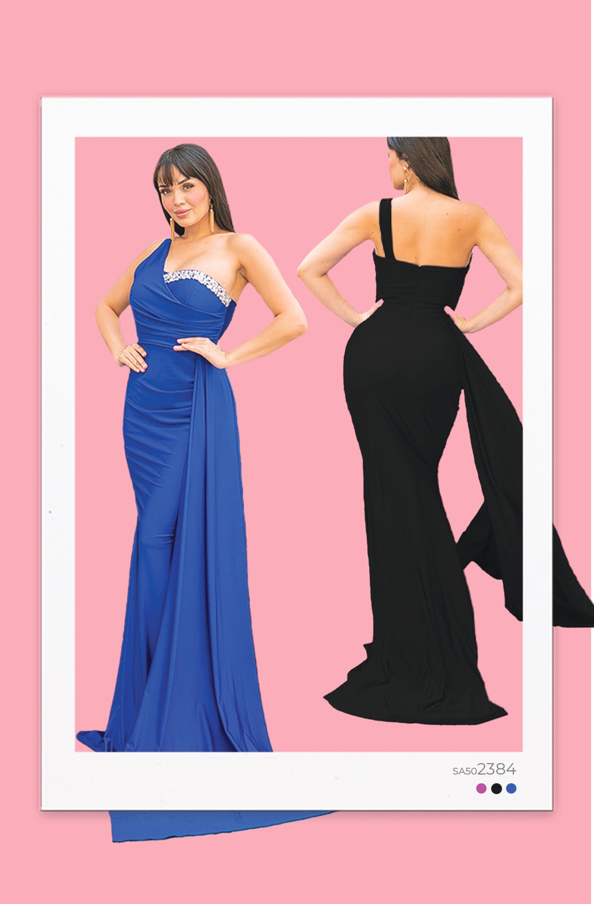 Style SA502384 evening dress shown in royal blue (front profile) and black (rear profile highlighting back cutout and dramatic side sash).