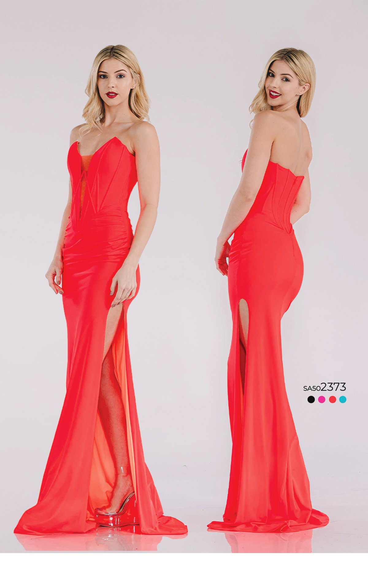 Front and rear view of blonde model in a vibrant coral red strapless corset evening gown featuring sheer center illusion V-neck.