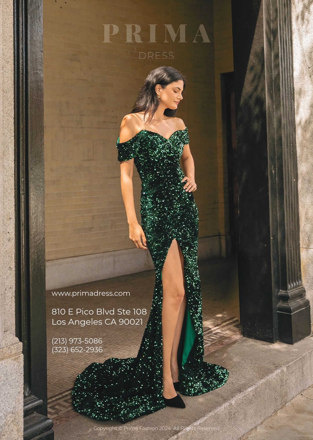 Back cover of Prima Dress catalog featuring model in an off-the-shoulder emerald green sequin gown with dramatic train in a stone archway.