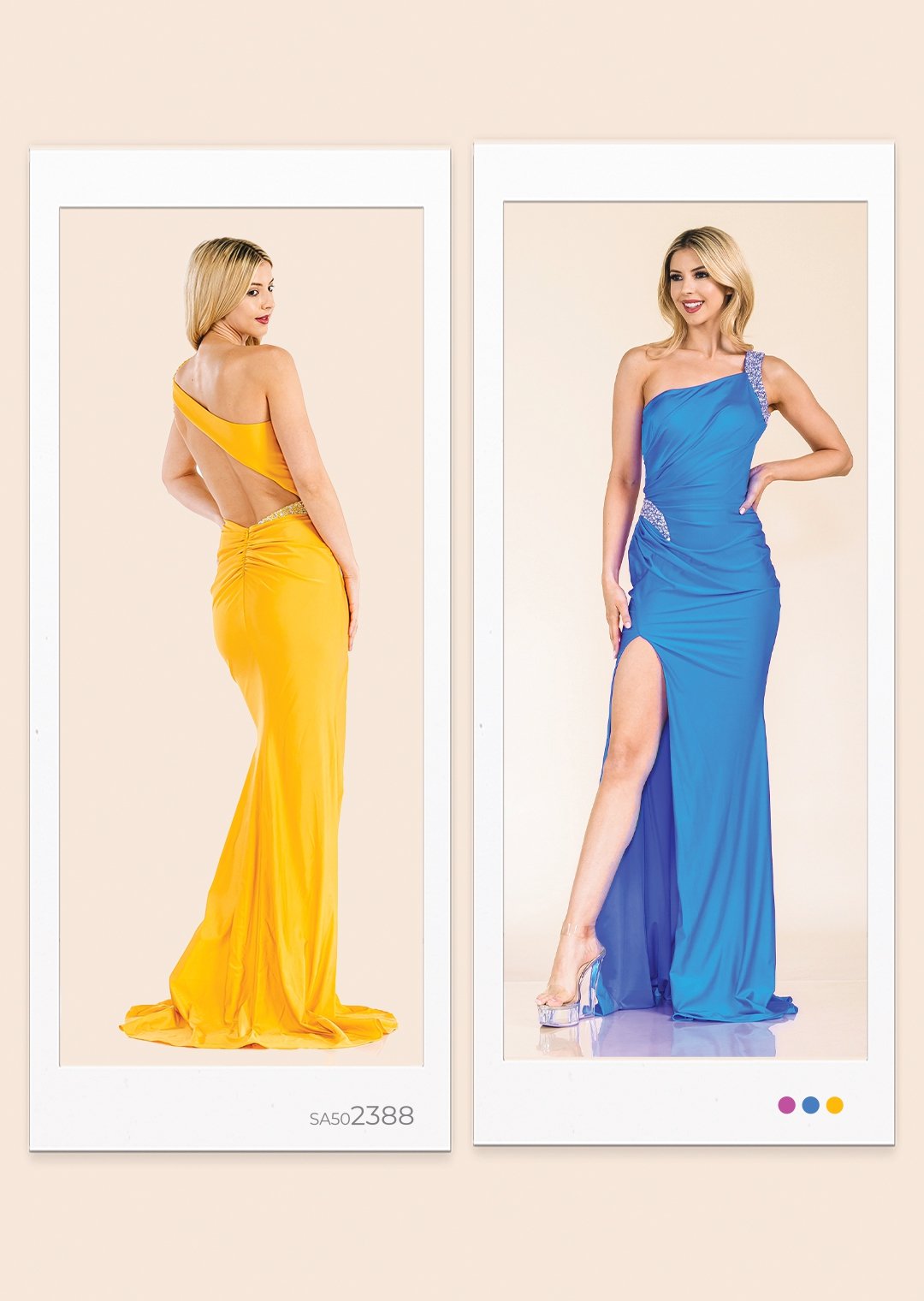 Dual panel lookbook layout displaying Style SA502388 gown in sunny yellow (back cutout view) and royal blue (front high slit view).