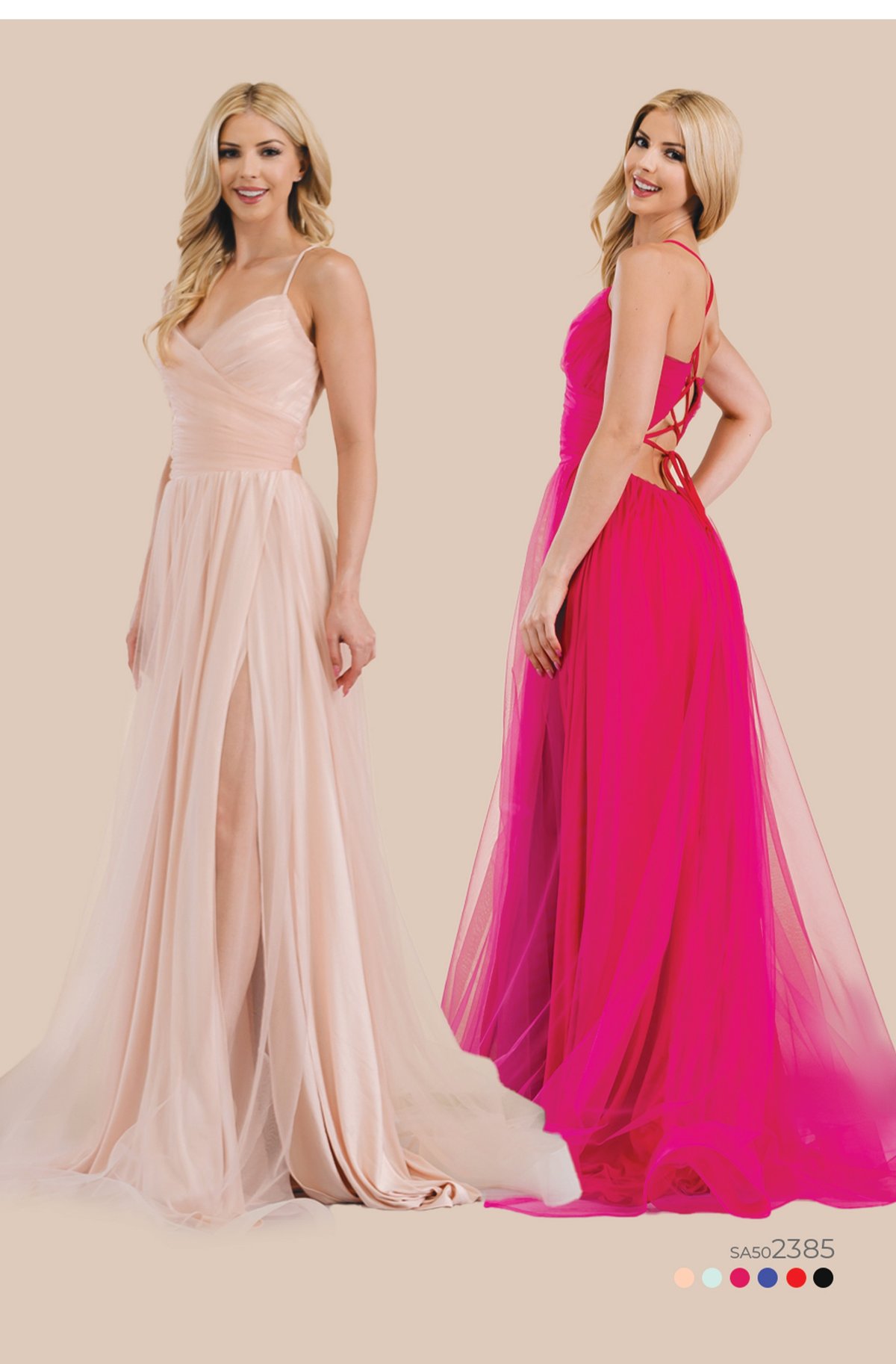 Models presenting Style SA502385 airy tulle evening gowns featuring criss-cross back straps and side leg slit in nude pink and hot magenta.