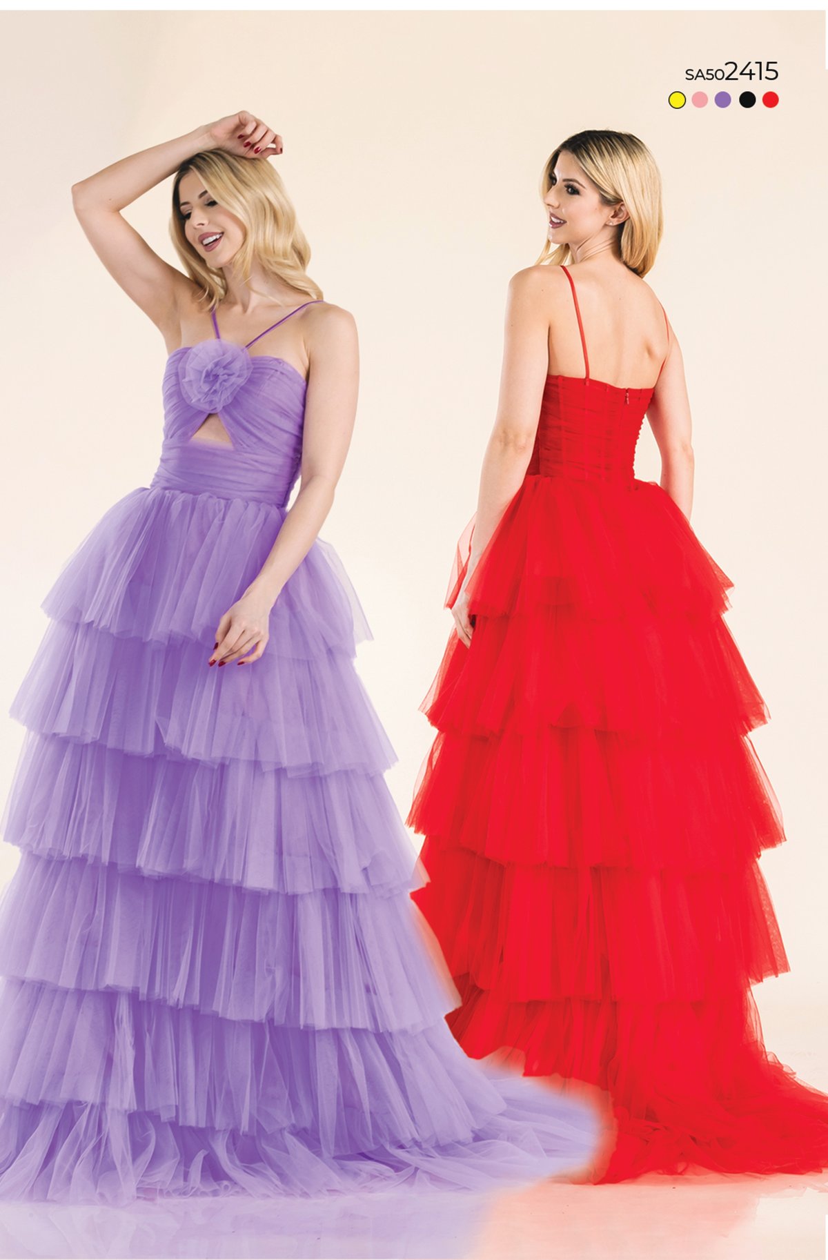 Models showcasing Style SA502415 tiered tulle gown in lavender (front view with bust flower applique) and vibrant red (back view).