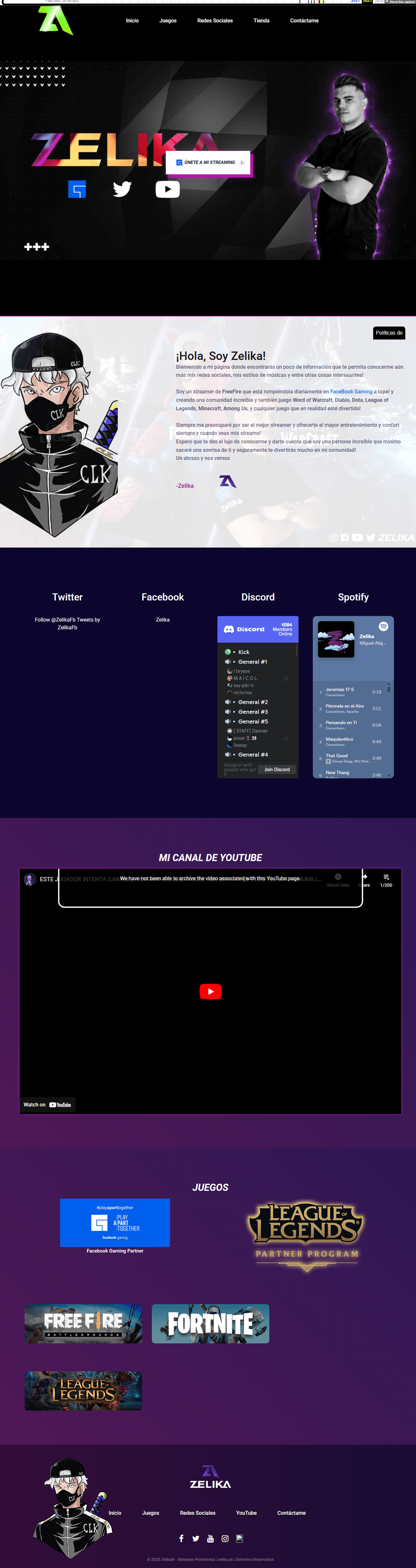 Full page screenshot of Zelika gaming website showcasing bio section, live Discord widget, Spotify player, YouTube channel embed, and game partner logos.
